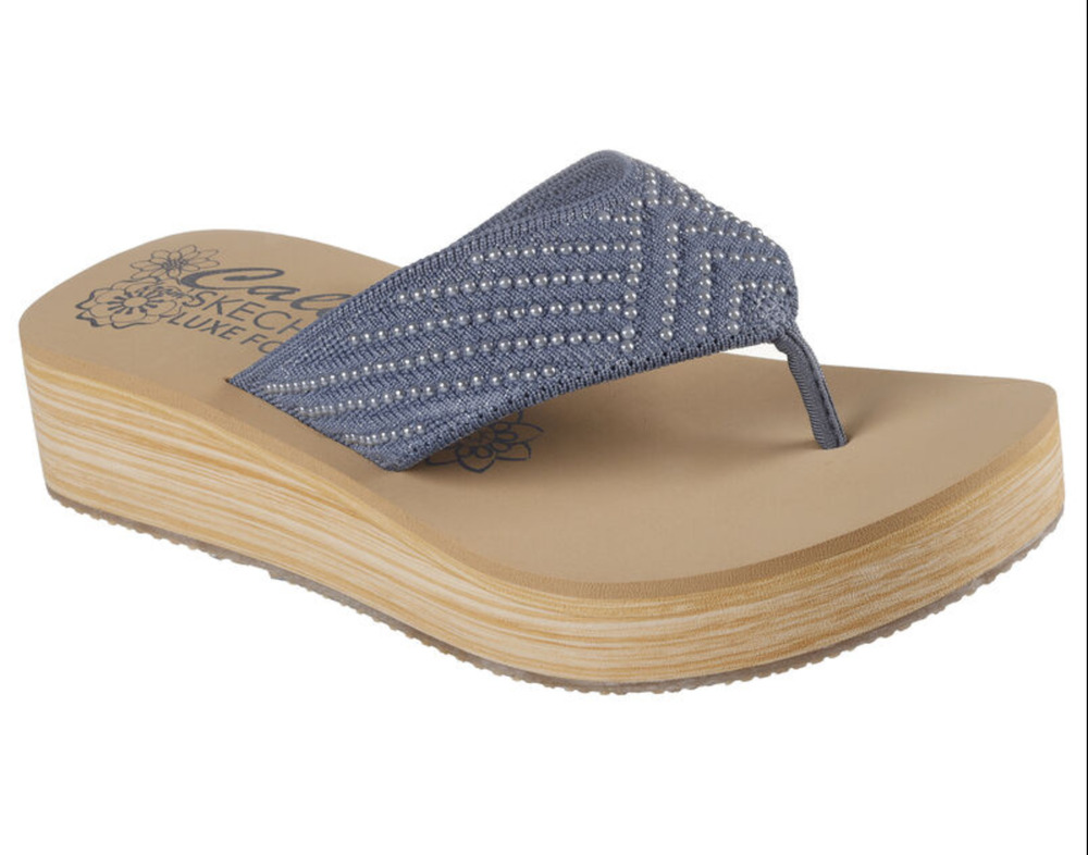 Skechers Women's Summers Mid Wedge Thong Sandals Size 8 EU 38 Slate Blue Tan NIB